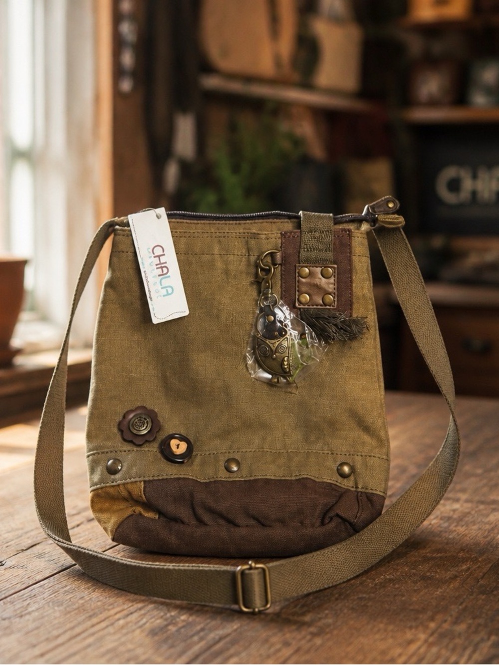 ✨ CHALA Crossbody Bag – New with Tags, Olive Canvas, Boho Embellished Design ✨